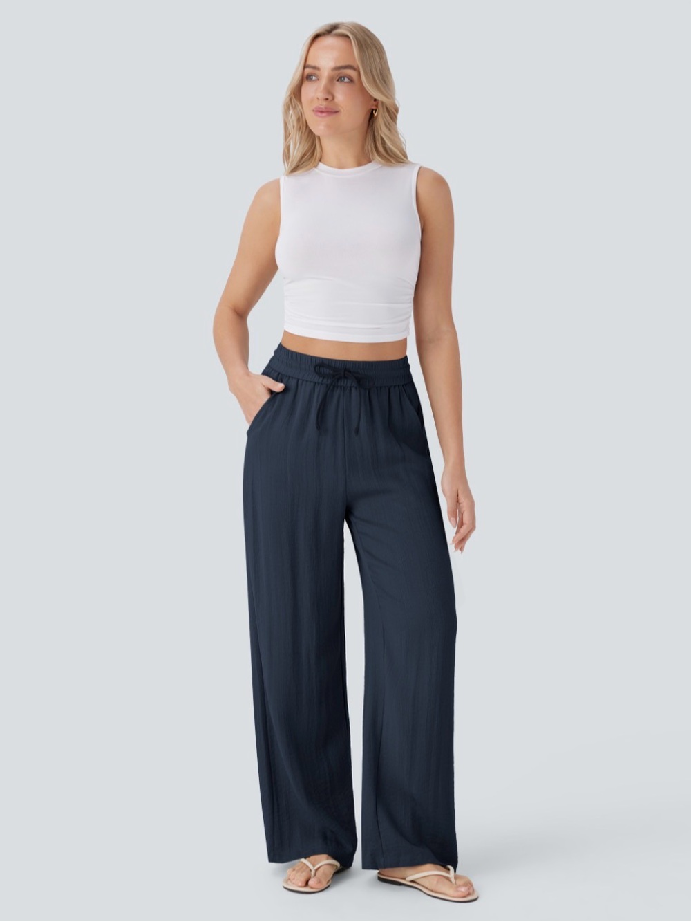 HALARA Dark Blue Linen Feel Wide Leg Pants XL Regular NWT
